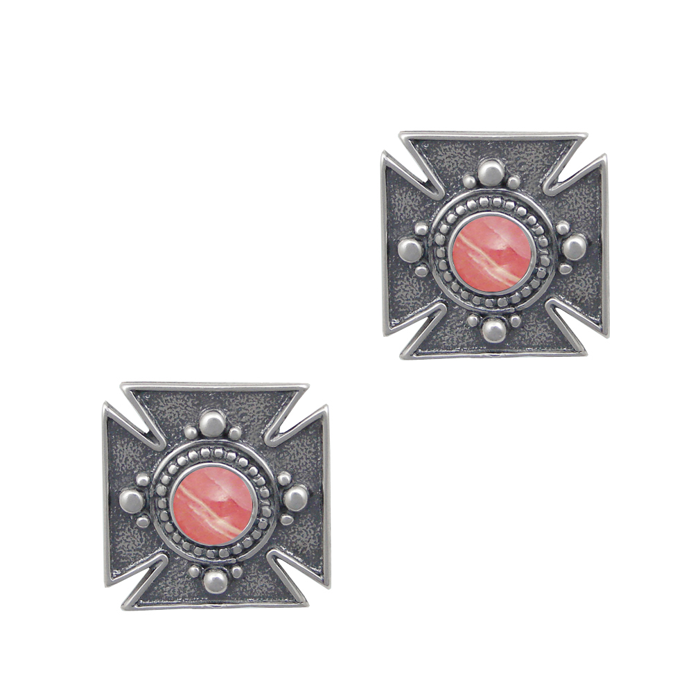Sterling Silver Iron Cross Post Stud Earrings With Rhodocrosite